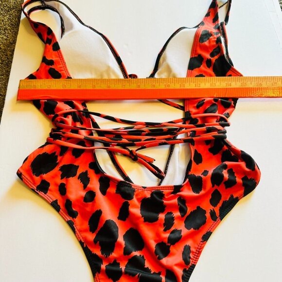 Leopard Print Plunging V-Neck Lace Up Swimsuit Small Red Orange Animal High Cut - Picture 13 of 14